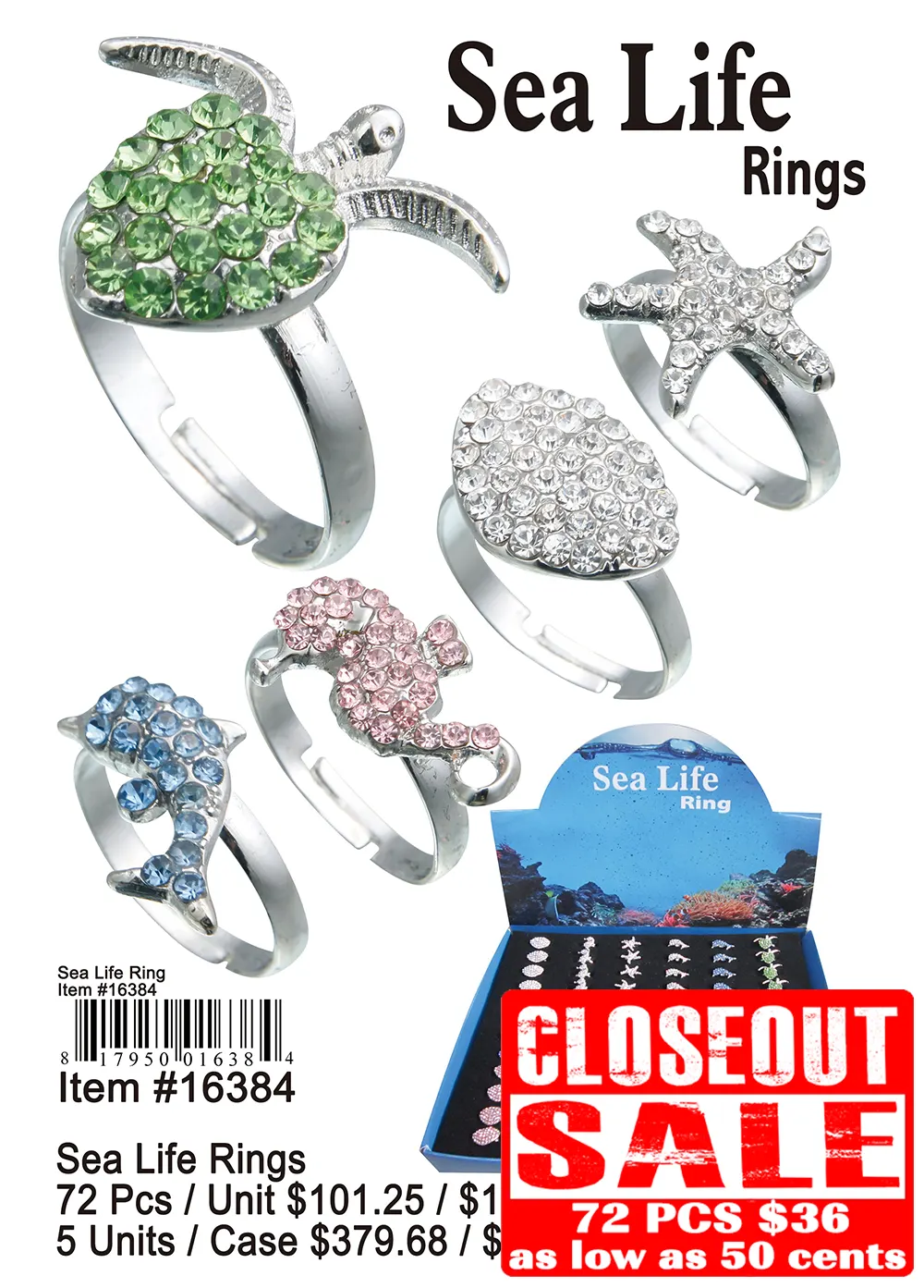 Sea Life Rings - Closeout 72 Pcs.